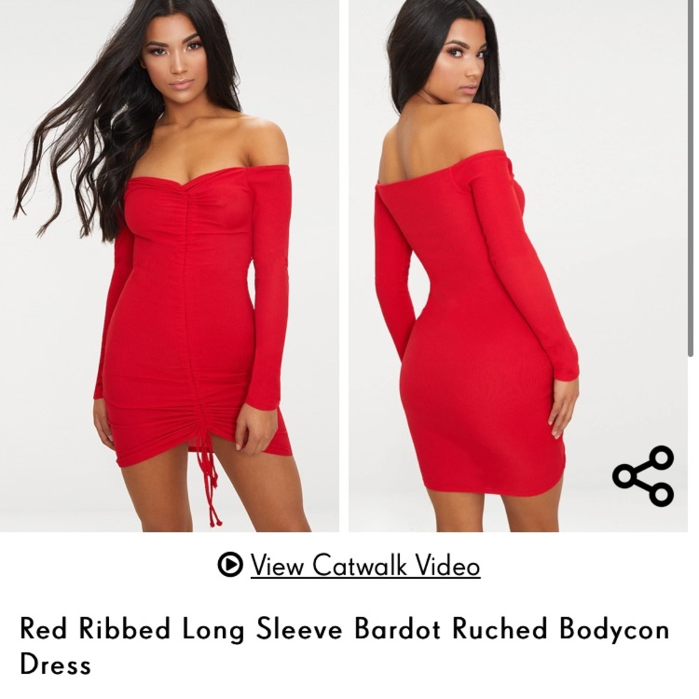 PLT Red Longsleeve Ruched Dress